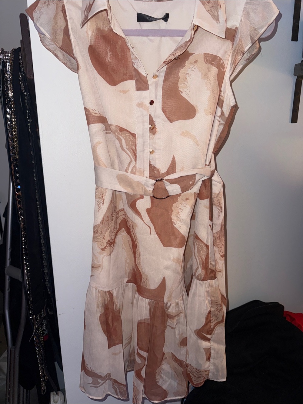 Belted Midi Shirt Dress in Beige and Brown